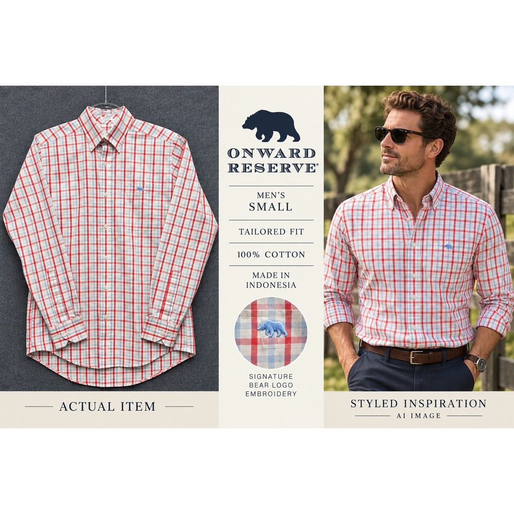 Onward Reserve Shirt Men Tailored Fit Non-Iron Check Red Blue S Excellent Preppy
